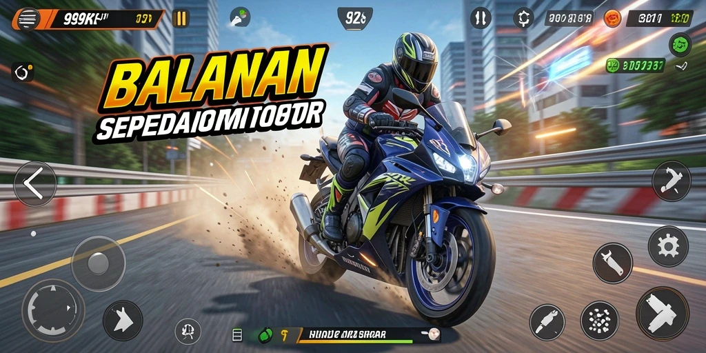 Screenshot gameplay balapan motor yang mendebarkan.