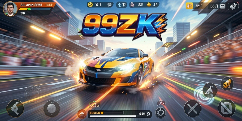Tampilan gameplay seru dari 99ZK saat balapan di lintasan.
