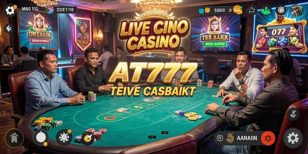 Screenshot gameplay Live Casino AT777 menampilkan dealer dan pemain dalam aksi.