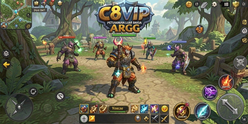 Screenshot gameplay C8VIP yang menunjukkan pertarungan seru di dunia fantasi.