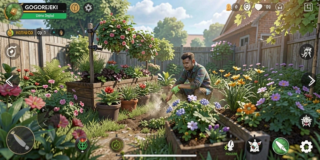 Screenshot GOGOREJEKI menampilkan gameplay seru berkebun dan merawat tanaman.