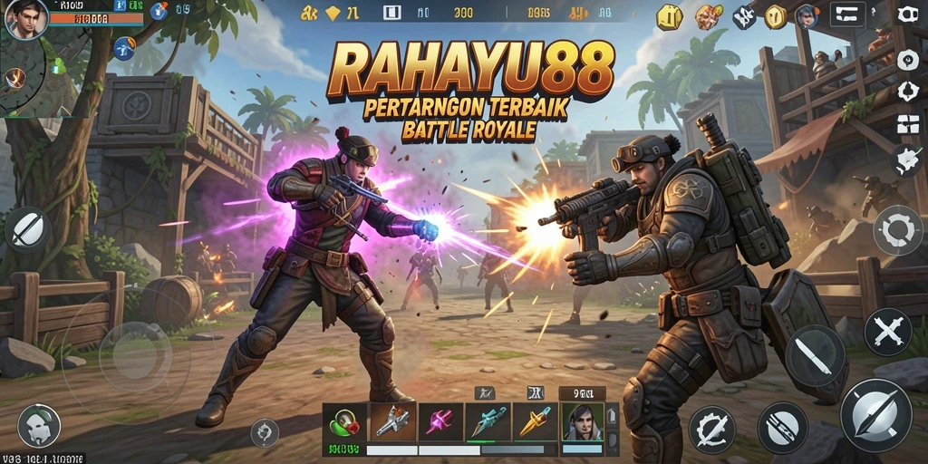 Screenshot RAHAYU88 menampilkan aksi pertempuran hebat di arena Battle Royale.