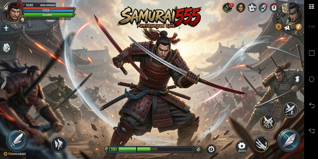 Tampilan gameplay SAMURAI555 saat pertarungan samurai yang mendebarkan.