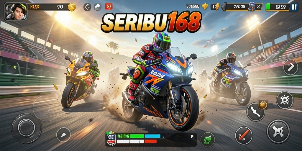 Screenshot SERIBU168 dengan aksi balapan yang mendebarkan.