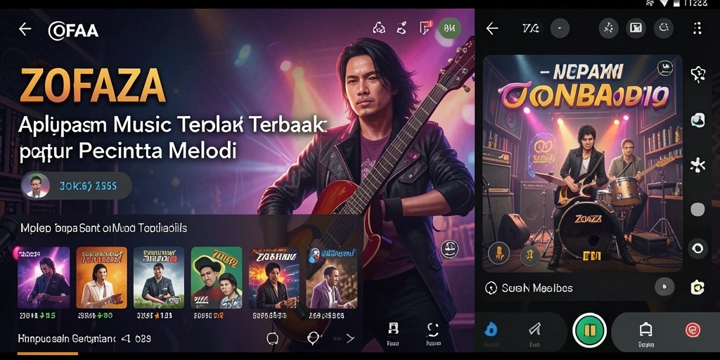 Screenshot gameplay ZOFAZA menampilkan antarmuka elegan dengan pilihan lagu yang kaya.